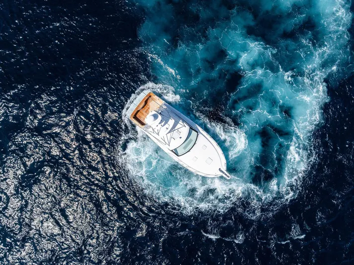 Milling Time Yacht Photos Pics Aerial view of 2016 Hatteras Express Sportfish yacht navigating ocean waters.