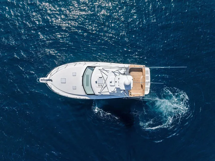 Milling Time Yacht Photos Pics Aerial view of 2016 Hatteras Express Sportfish yacht cruising in deep blue ocean.