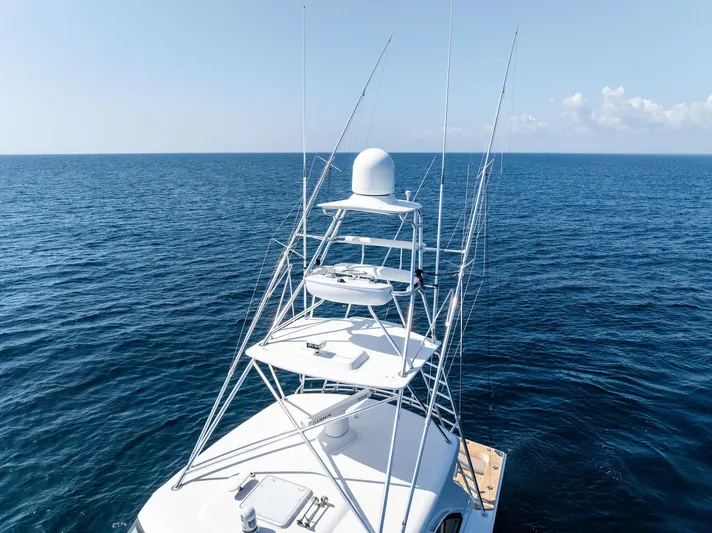 Milling Time Yacht Photos Pics 2016 Hatteras Express Sportfish yacht on open sea, featuring a tall tower.