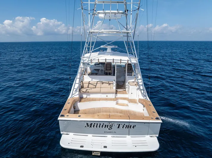 Milling Time Yacht Photos Pics 2016 Hatteras Express Sportfish yacht on open ocean, rear view.