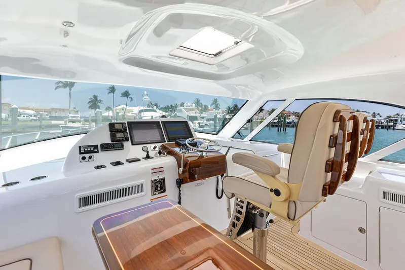 Milling Time Yacht Photos Pics 2016 Hatteras Express Sportfish yacht helm with luxurious seating and advanced navigation systems.