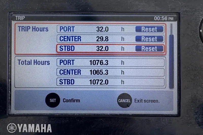  Yacht Photos Pics Yamaha engine display showing trip and total hours for Jupiter 38 FS, 2017 model.