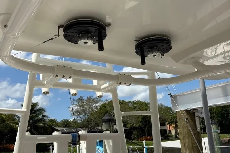  Yacht Photos Pics 2017 Jupiter 38 FS boat with mounted equipment under a clear blue sky.