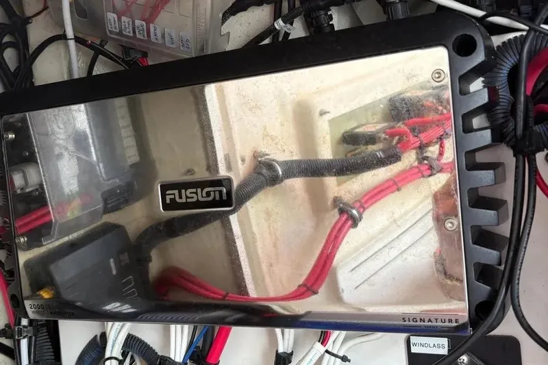  Yacht Photos Pics Fusion audio amplifier with wiring in a 2017 Jupiter 38 FS boat.