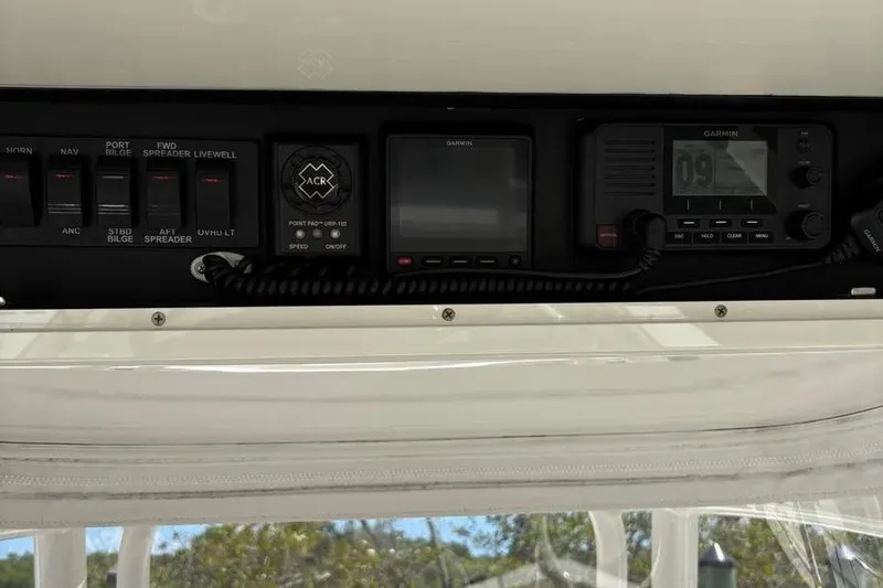  Yacht Photos Pics Control panel of a 2017 Jupiter 38 FS boat with Garmin electronics.