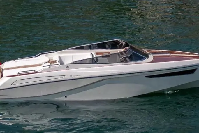 2022 Ecoline Marine Ecolux 850 boat on water, sleek design, modern features.