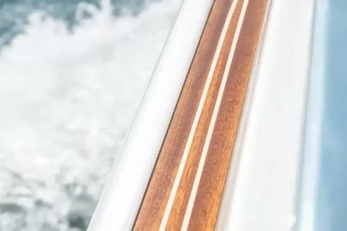 Close-up of Ecoline Marine Ecolux 850 boat railing, 2022 model, with ocean waves in background.