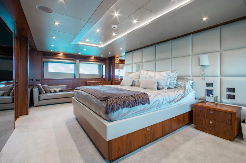 Marin Yacht Photos Pics Luxurious master bedroom on a 2014 Sunseeker 131 yacht with modern decor.