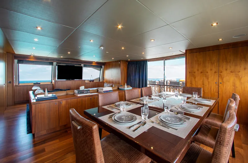 Marin Yacht Photos Pics Luxurious dining area on the 2014 Sunseeker 131 yacht with ocean views.