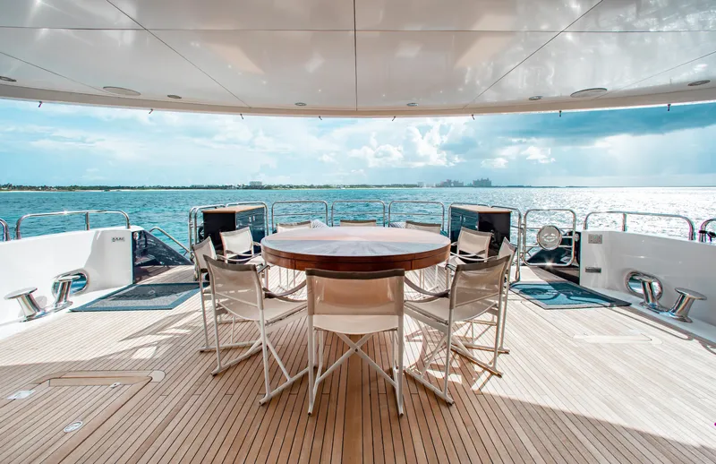 Marin Yacht Photos Pics Luxury deck of 2014 Sunseeker 131 yacht with ocean view.