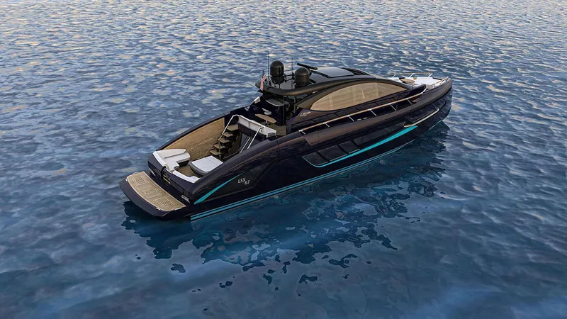  Yacht Photos Pics 2023 Lazzara LSX yacht on calm blue water, sleek and modern design.