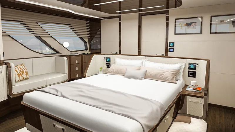  Yacht Photos Pics Luxurious bedroom interior of 2023 Lazzara LSX yacht with modern design and elegant furnishings.