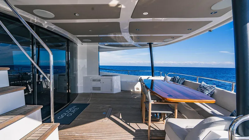 Golden Ours Yacht Photos Pics Luxurious 2019 Sunseeker motoryacht deck with ocean view, featuring elegant seating and dining area.