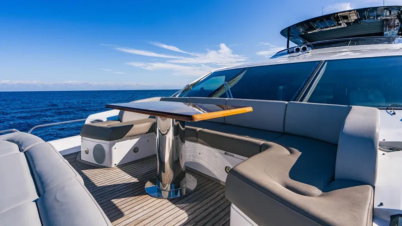 Golden Ours Yacht Photos Pics Luxurious 2019 Sunseeker motoryacht with elegant deck seating and ocean view.