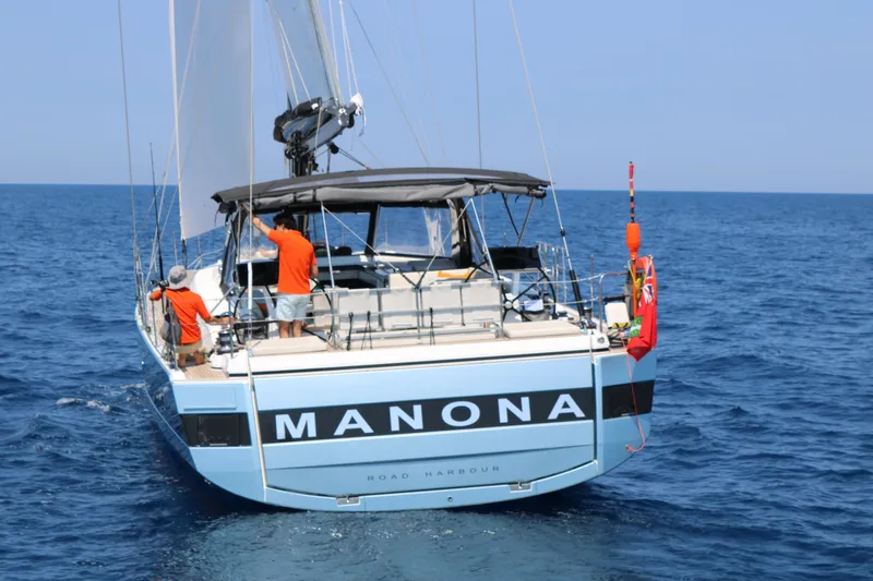 Manona (name Reserved For Owner) Yacht Photos Pics 2018 Beneteau Oceanis Yacht 62 sailing on open sea, rear view.