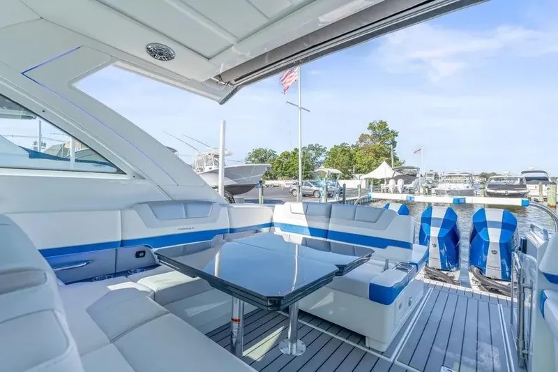  Yacht Photos Pics 2024 Formula 380 Super Sport Crossover OB luxury boat interior at marina.