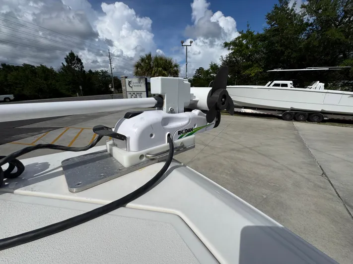  Yacht Photos Pics 2023 Sailfish 312 CC boat with mounted Rodan trolling motor.