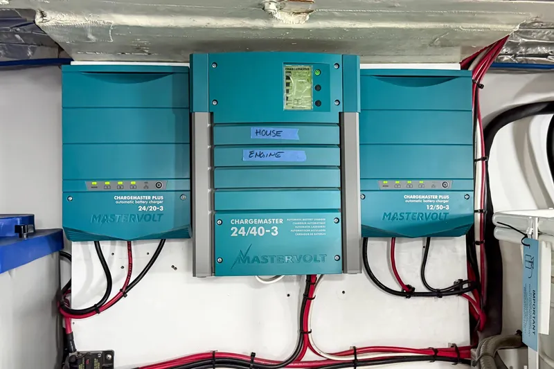 Amakua Yacht Photos Pics Mastervolt battery chargers in a 1970 Hargrave Yachtfisher, labeled for house and engine use.