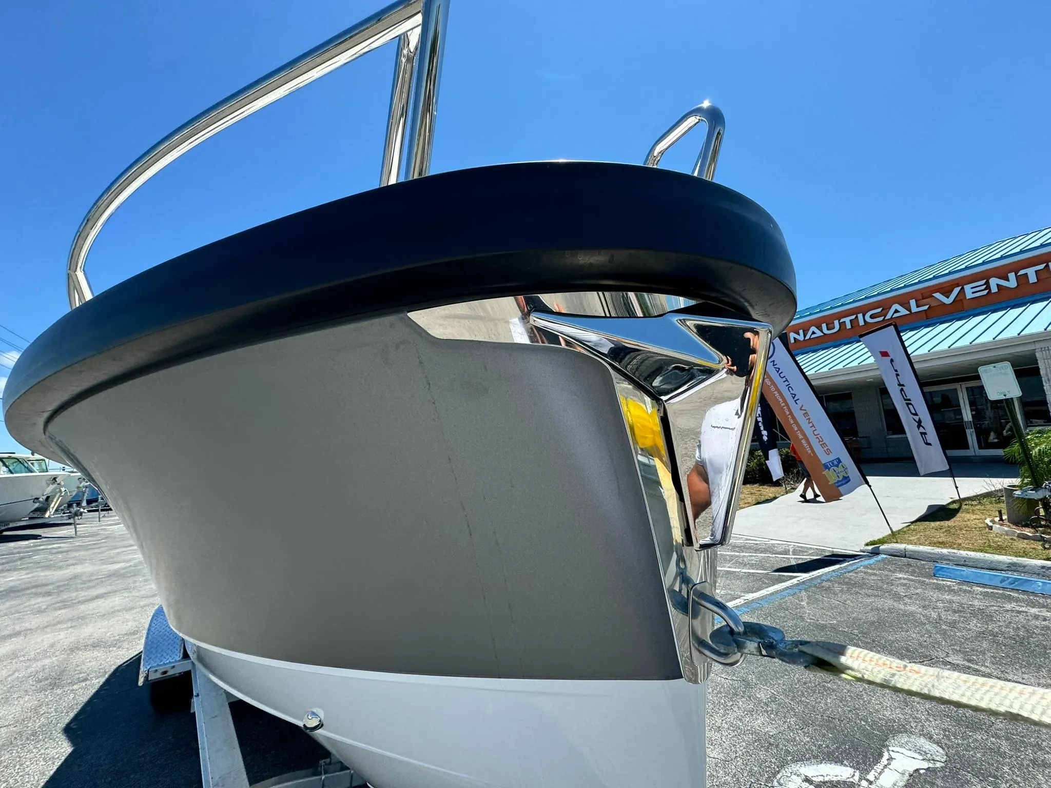 2024 Windy SR28 CC boat bow at a nautical dealership.