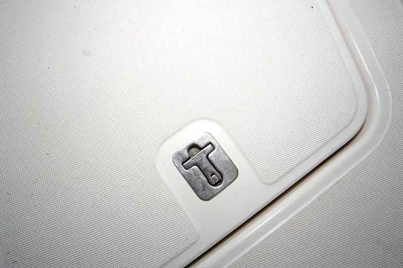 Ciao Bella Yacht Photos Pics 2007 Tiara Yachts 3900 Sovran deck detail with metal latch.