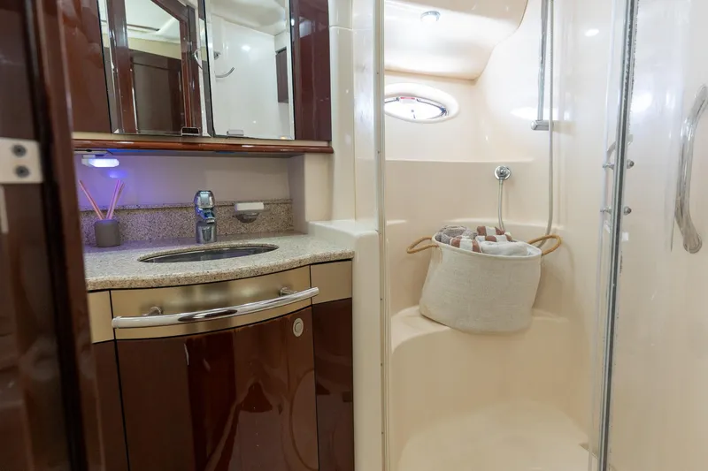 Aimee Yacht Photos Pics Luxurious bathroom interior of 2008 Sea Ray 520 Sedan Bridge yacht with modern amenities.
