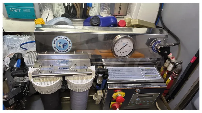  Yacht Photos Pics High-pressure watermaker system in a 2014 Absolute 52 FLY yacht engine room.