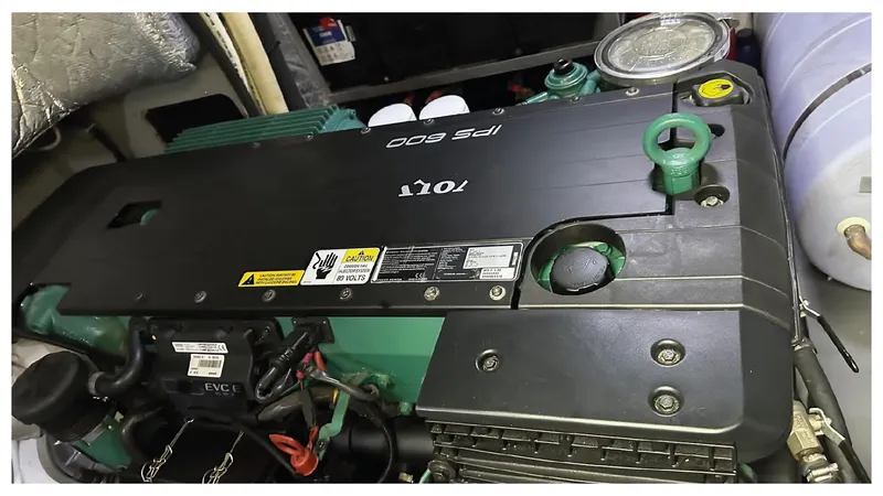  Yacht Photos Pics Engine compartment of a 2014 Absolute 52 FLY yacht, featuring a Volvo IPS 600.