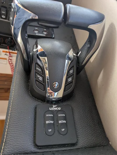  Yacht Photos Pics Throttle controls and Lenco trim tab switches on a 2022 Cutwater C-32 CB boat.