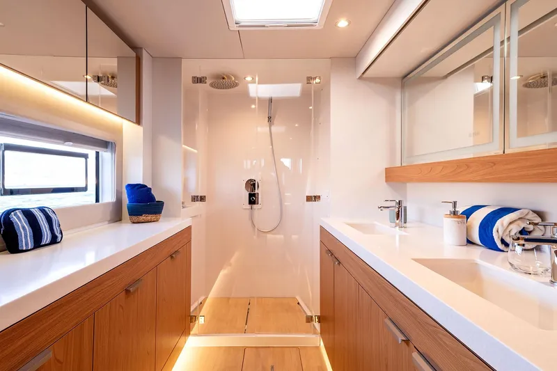 Voila Yacht Photos Pics Luxurious Bali 5.2 yacht bathroom, 2026 model, featuring modern design and elegant fixtures.