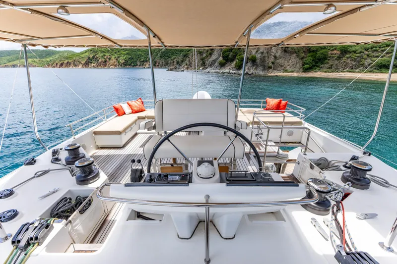 Cascadia 2 Yacht Photos Pics Luxurious 2012 Lagoon 560 yacht interior with scenic ocean view and elegant seating.