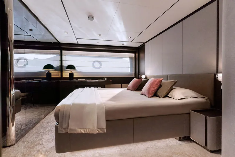  Yacht Photos Pics Manufacturer Provided Image: Luxurious bedroom interior of 2026 Ferretti Yachts 860, featuring modern design and elegant furnishings.