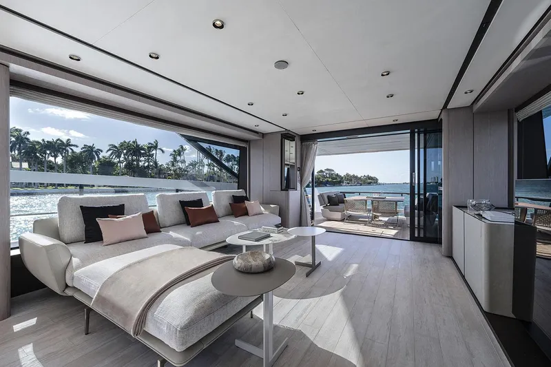  Yacht Photos Pics Manufacturer Provided Image: Luxurious interior of 2026 Ferretti Yachts 860 with ocean view and modern furnishings.