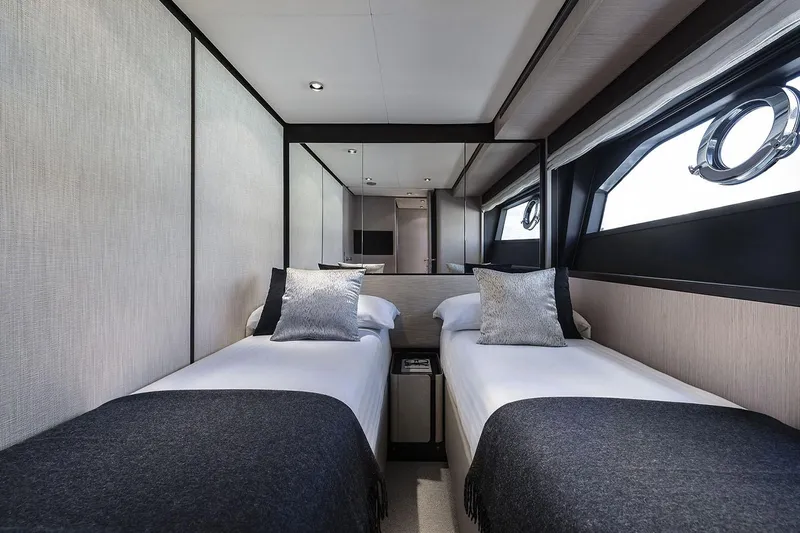  Yacht Photos Pics Manufacturer Provided Image: Luxurious twin cabin interior of 2026 Ferretti Yachts 860 with modern design and elegant decor.