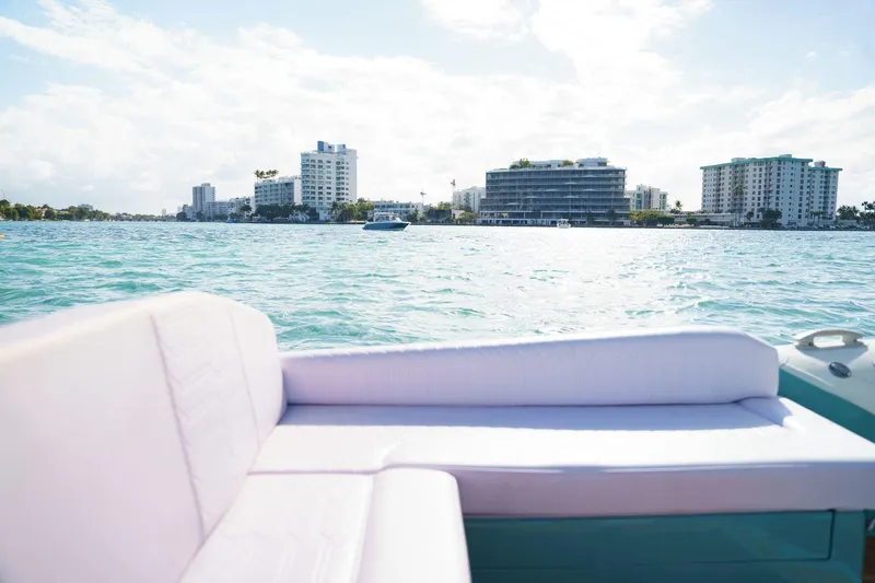  Yacht Photos Pics Luxury Novielli Veloche 349 boat interior with cityscape view, 2025 model.