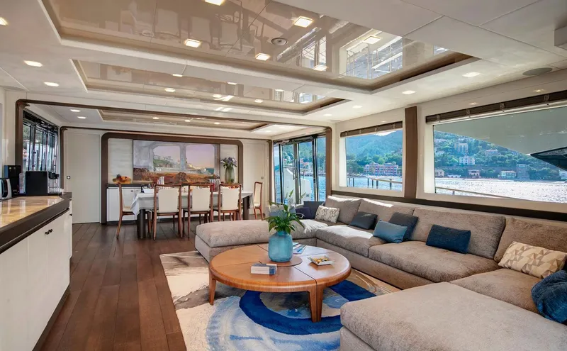 Esmeralda Of The Seas Yacht Photos Pics Luxurious interior of 2018 Monte Carlo Yachts MCY 96 with elegant seating and dining area.