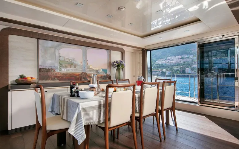 Esmeralda Of The Seas Yacht Photos Pics Luxurious dining area on 2018 Monte Carlo Yachts MCY 96 with ocean view.
