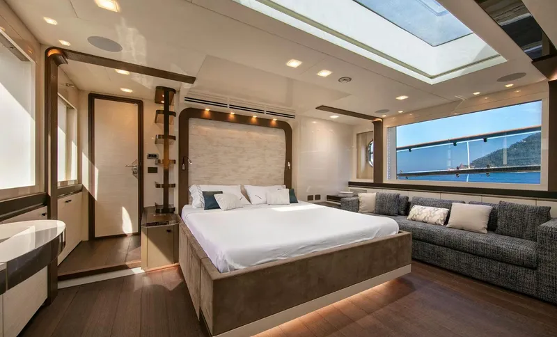 Esmeralda Of The Seas Yacht Photos Pics Luxurious bedroom interior of 2018 Monte Carlo Yachts MCY 96 with ocean view.