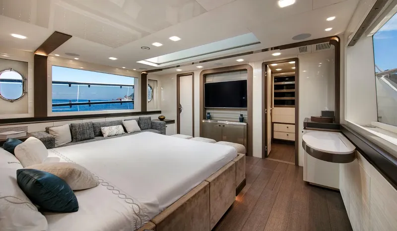 Esmeralda Of The Seas Yacht Photos Pics Luxurious interior of 2018 Monte Carlo Yachts MCY 96 with elegant bedroom and ocean view.