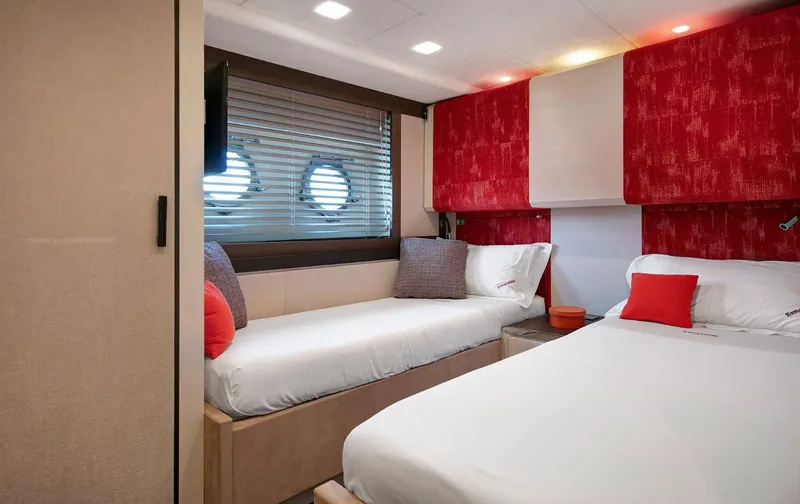 Esmeralda Of The Seas Yacht Photos Pics Luxurious 2018 Monte Carlo Yachts MCY 96 cabin with modern decor and comfortable beds.