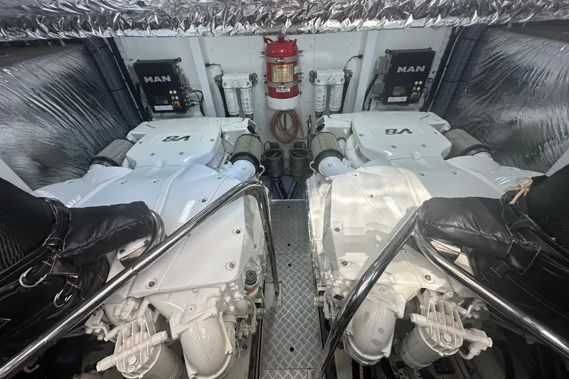  Yacht Photos Pics Engine room of 2020 Princess S62 yacht with dual MAN V8 engines.