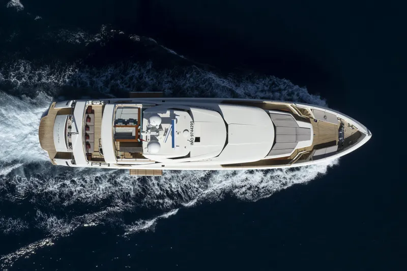 Serenity Yacht Photos Pics Aerial view of 2015 Mondomarine SF40 yacht cruising on the ocean.
