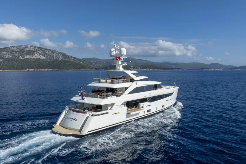 Serenity Yacht Photos Pics Luxurious 2015 Mondomarine SF40 yacht cruising in scenic blue waters.