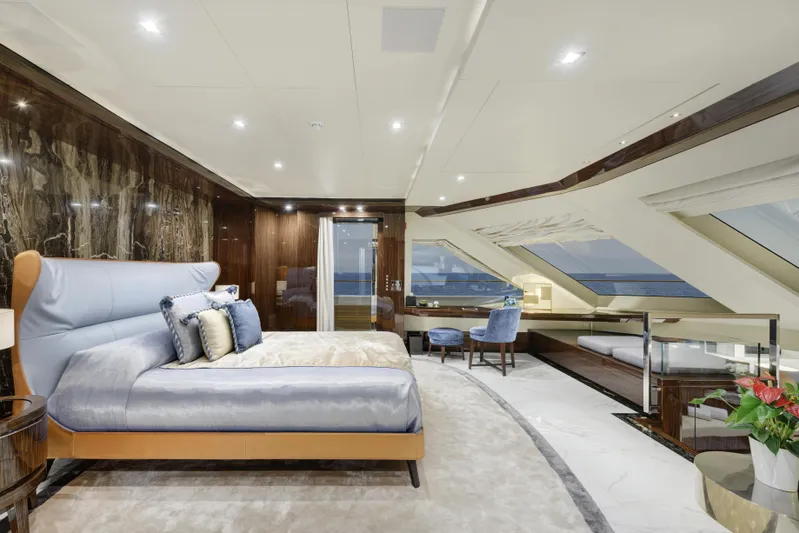 Serenity Yacht Photos Pics Luxurious Mondomarine SF40 2015 yacht bedroom with elegant decor and ocean views.