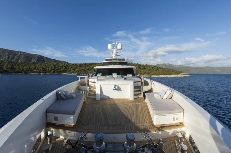 Serenity Yacht Photos Pics Luxurious 2015 Mondomarine SF40 yacht deck with scenic ocean view.