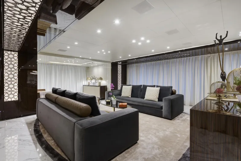 Serenity Yacht Photos Pics Luxurious Mondomarine SF40 yacht interior, 2015 model, featuring elegant sofas and modern decor.