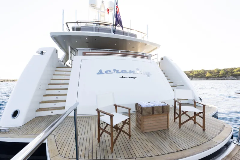 Serenity Yacht Photos Pics Luxurious 2015 Mondomarine SF40 yacht deck with chairs and ocean view.