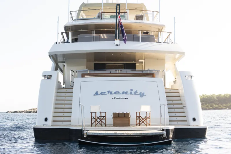 Serenity Yacht Photos Pics Luxury Mondomarine SF40 yacht "Serenity" rear view, 2015 model, docked on calm water.