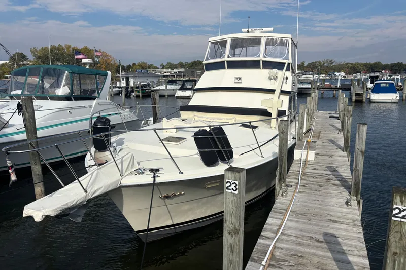  Yacht Photos Pics 1986 Viking 48 Convertible yacht docked at marina, surrounded by other boats.
