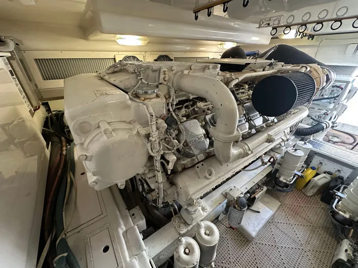 Expresso Yacht Photos Pics Engine room of a 2007 Viking Express boat, showcasing a large marine engine.