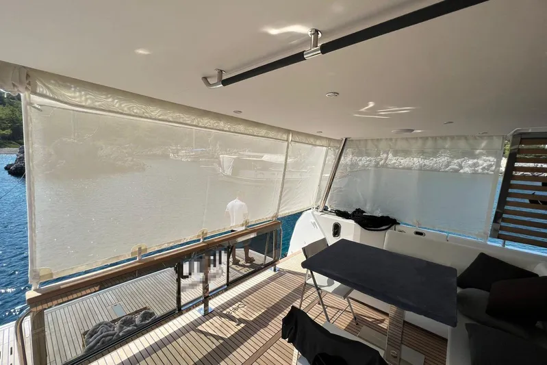 Nm03011 Yacht Photos Pics Covered deck area of 2022 Beneteau Grand Trawler 62 with scenic waterfront view.